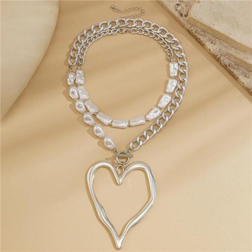 Chunky Silver Tone Heart Necklace Big Heart Statement Long Chain Pearl Jewelry